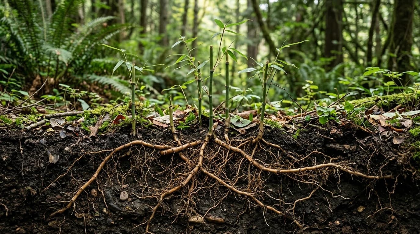 Bamboo plant with extensive hidden roots representing invisible progress