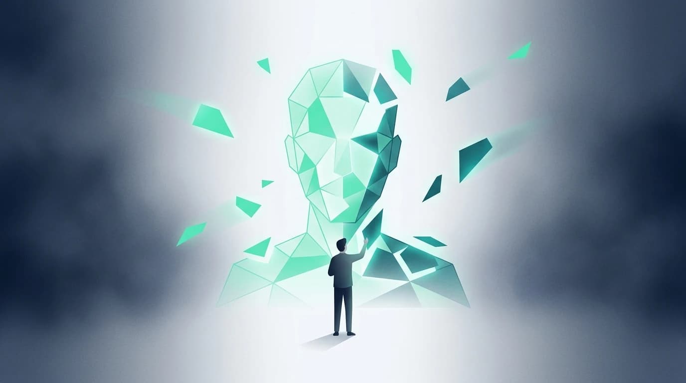 Figure assembling a translucent geometric self-portrait from glowing fragments