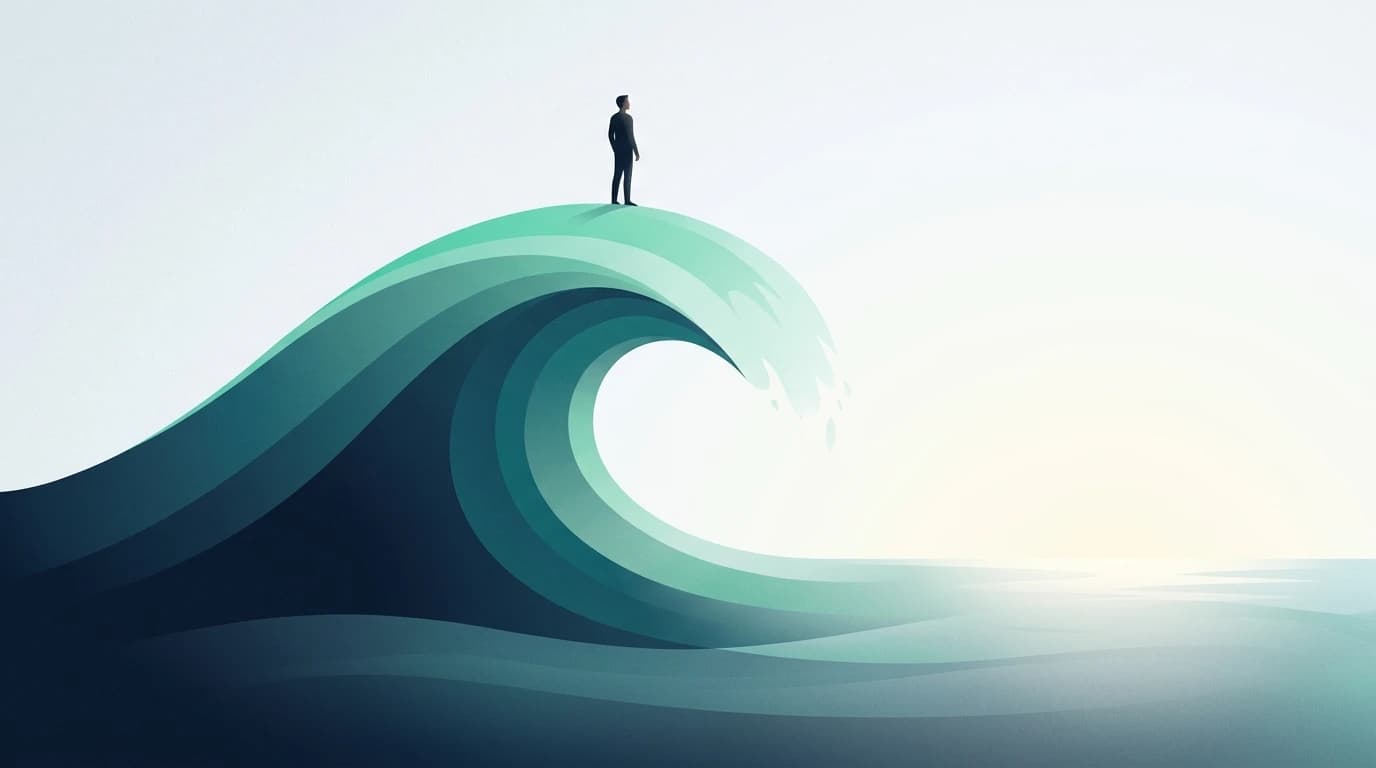 Steady figure standing on the crest of an abstract wave under a dawn sky