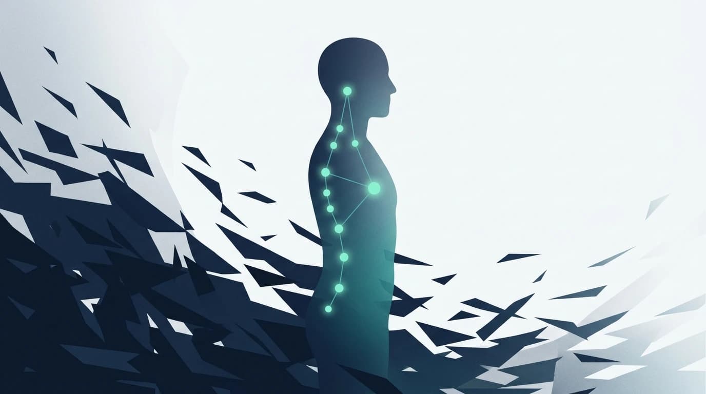 Translucent silhouette with glowing nodes along the spine as an outer storm settles