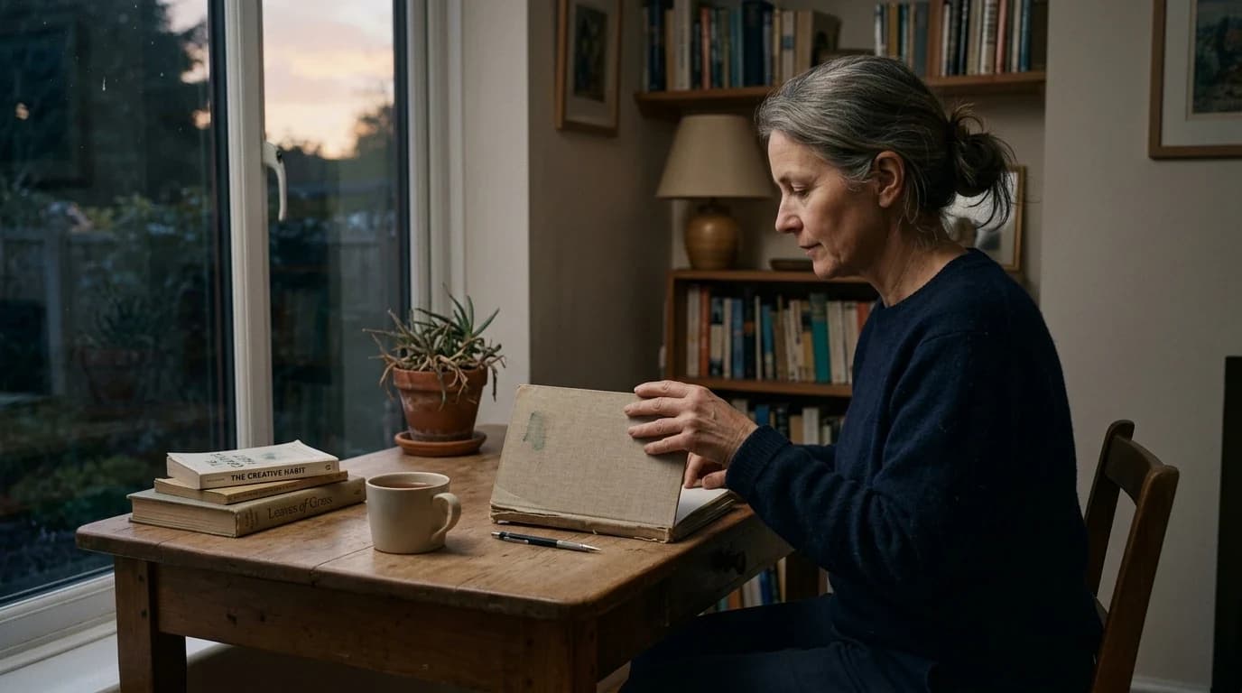 Person calmly returning to a meaningful practice as an expression of self-discipline