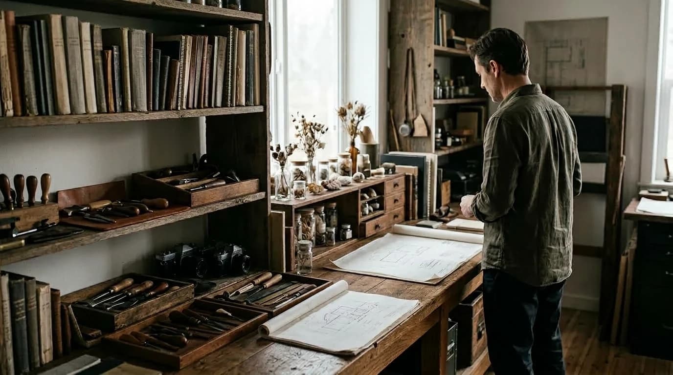 Person surrounded by accumulated objects representing identity, skills, and experience
