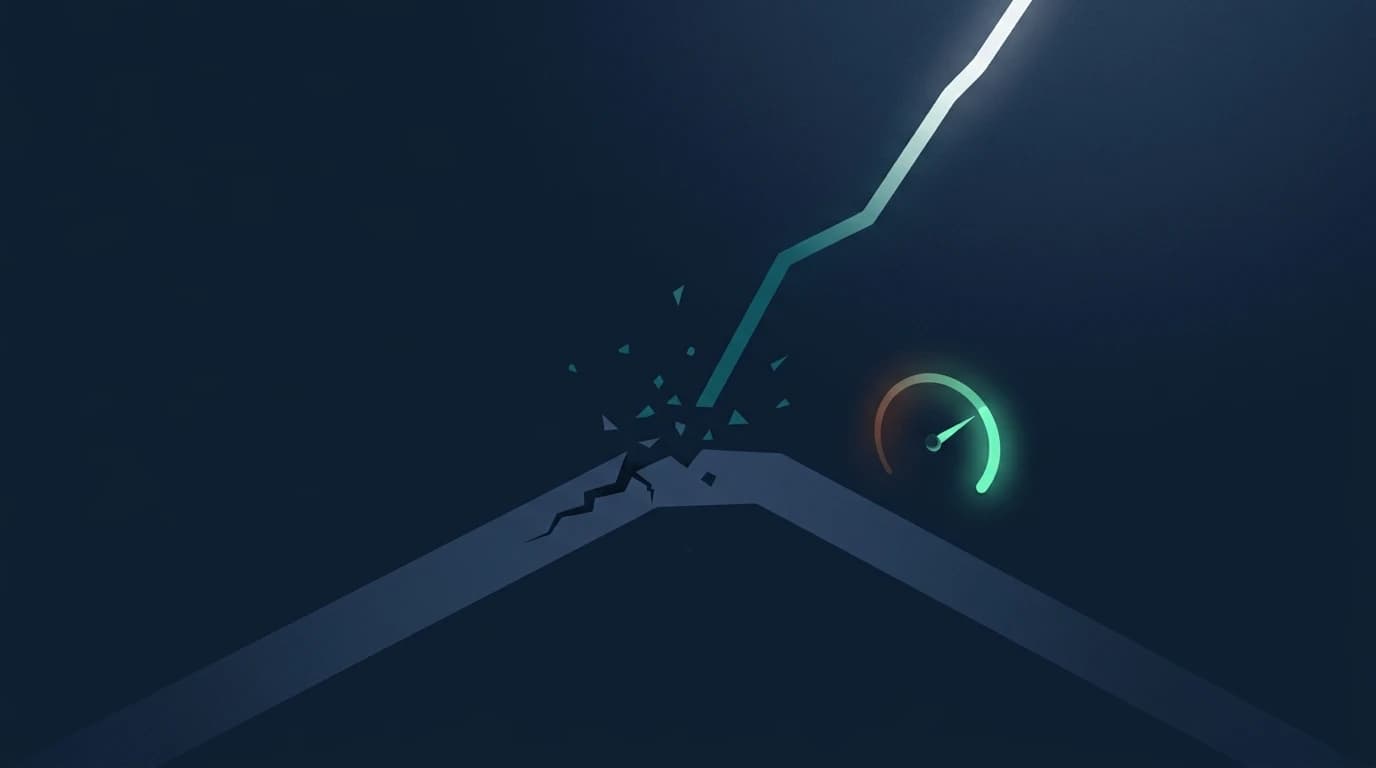 Cracked path re-routing forward beside a gauge turning toward glowing mint