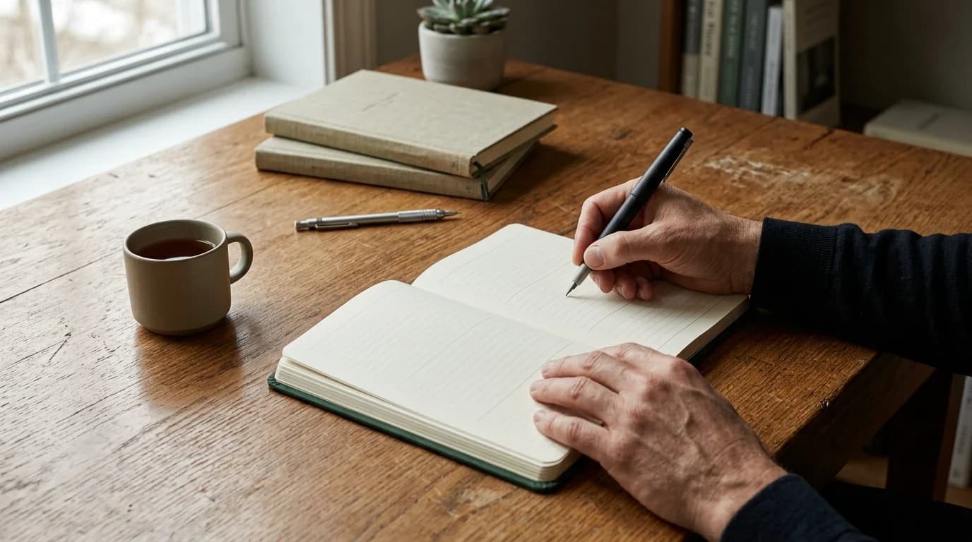 Person writing in an open journal, shaping their internal voice on paper