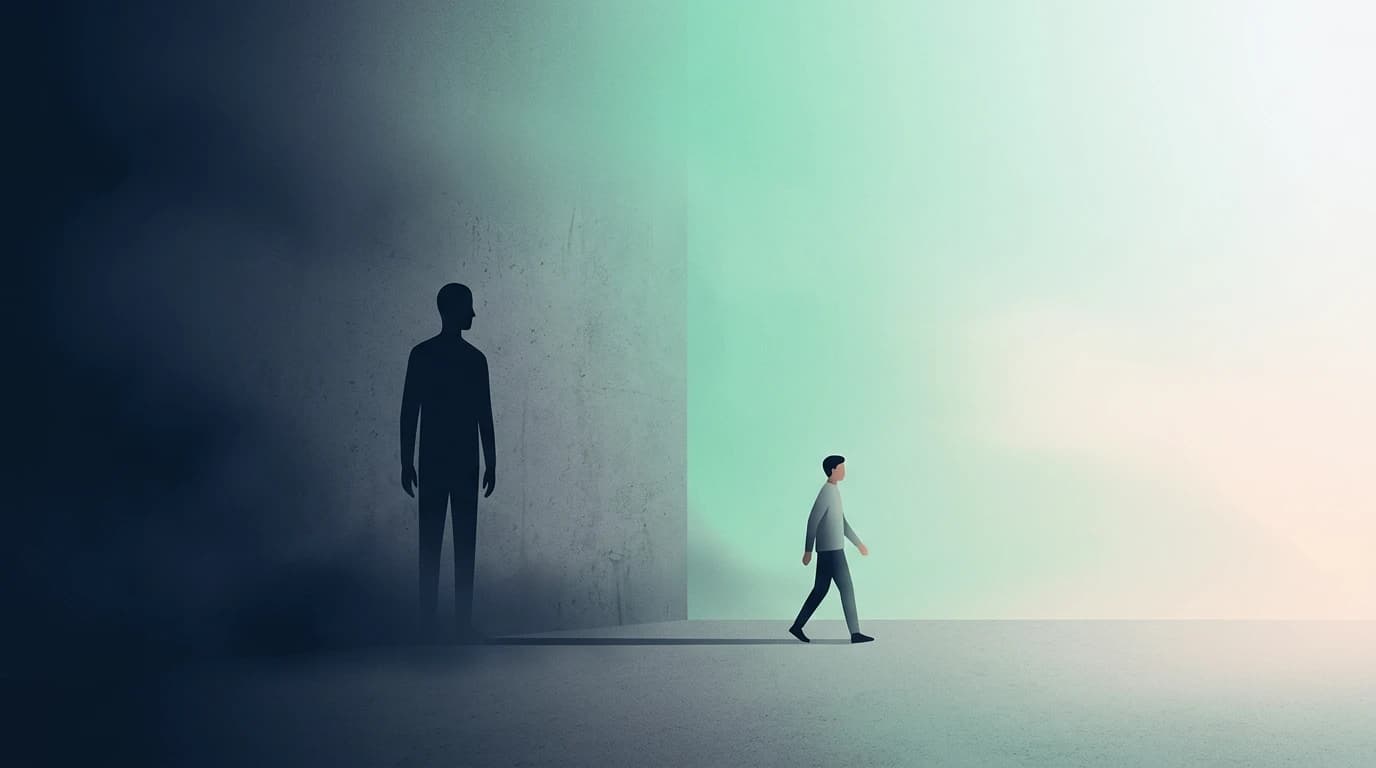 Figure stepping out of a heavy shadow left behind on the wall, walking toward light