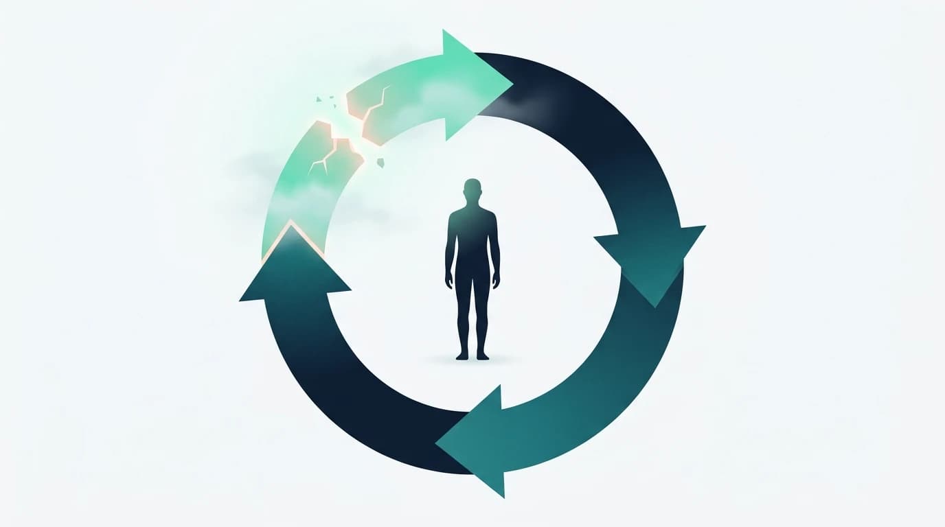 Circular loop of arrows around a calm figure with one cracked glowing segment
