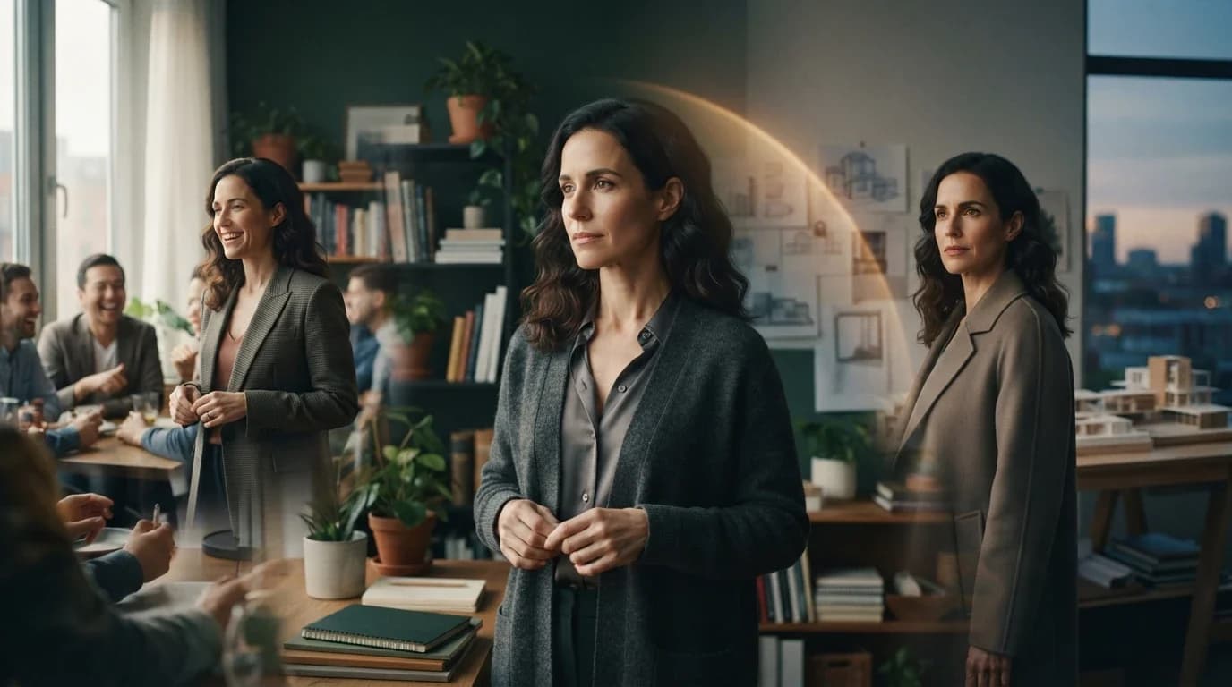 Woman observing multiple versions of herself, reflecting on identity and self-concept clarity