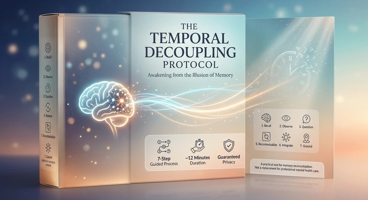 The Temporal Decoupling Protocol product box: a 7-step guided therapeutic experience of about 12 minutes with protected privacy — a practical tool for memory reconsolidation, not a replacement for professional mental health care.