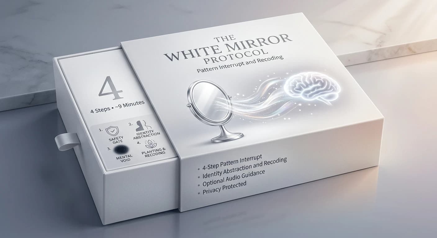 The White Mirror Protocol product box: a quiet 4-step experience of about 9 minutes for pattern interrupt and recoding — starts with a safety gate, optional audio guidance, privacy protected.